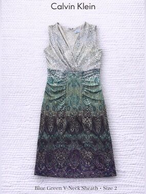 calvin klein green pleated dress Calvin Klein V-neck Sleeveless Belted Dress in Green